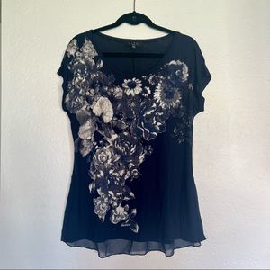 B.L.E.U navy blue top with white floral design and silver gems